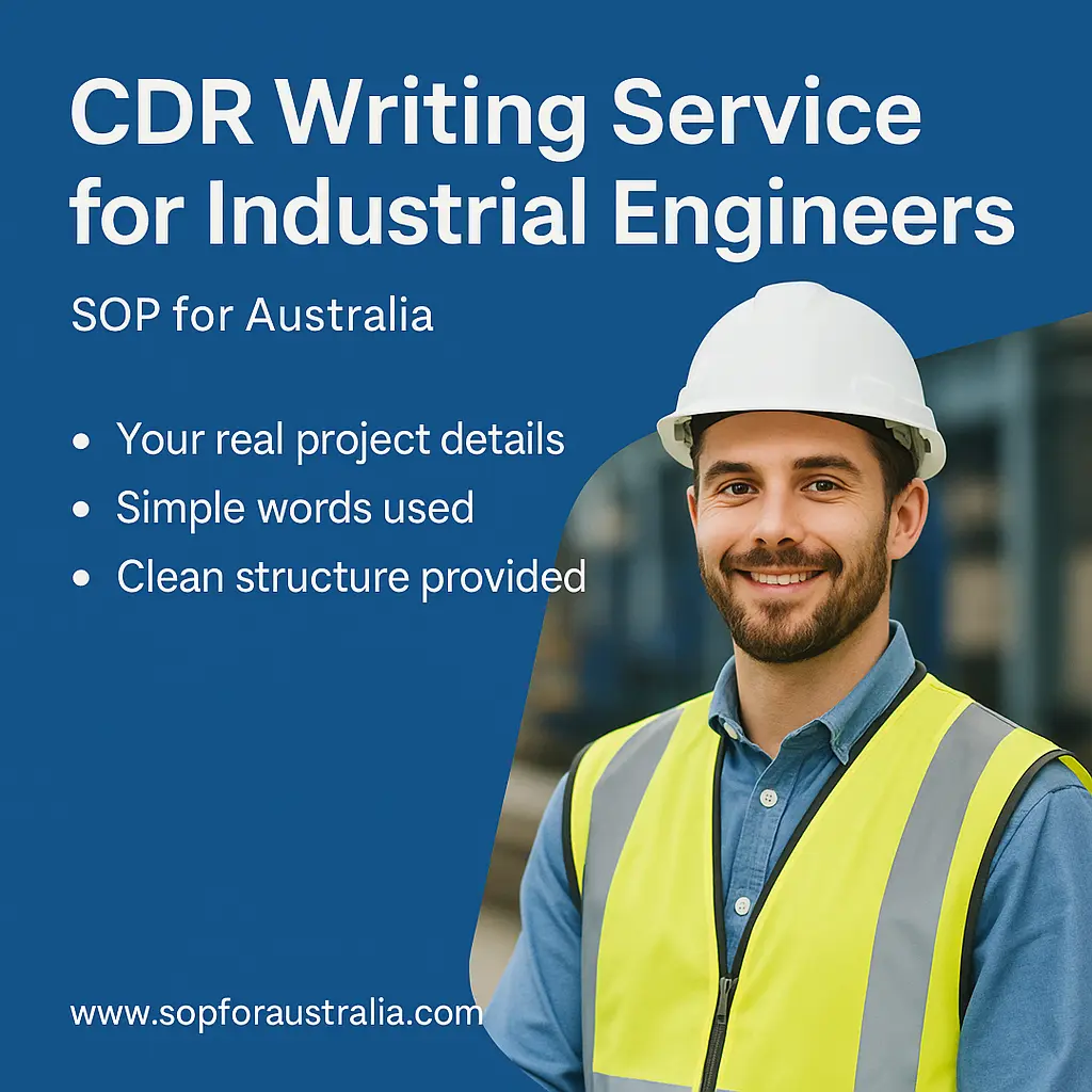 Industrial engineer smiling in safety gear with text promoting CDR writing service for industrial engineers by SOP for Australia